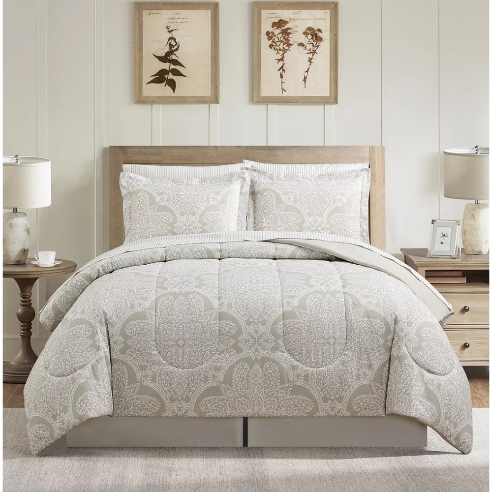 New Reversible Sunham Neutral Damask Queen 8pc Comforter Set